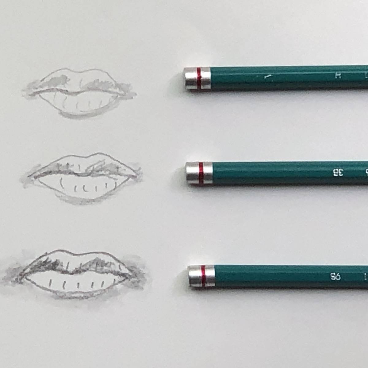 Lips drawn with different types of drawing pencils.