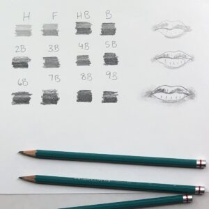 Artists drawing pencils next to paper with test swatches of different types of graphite pencil sketches.