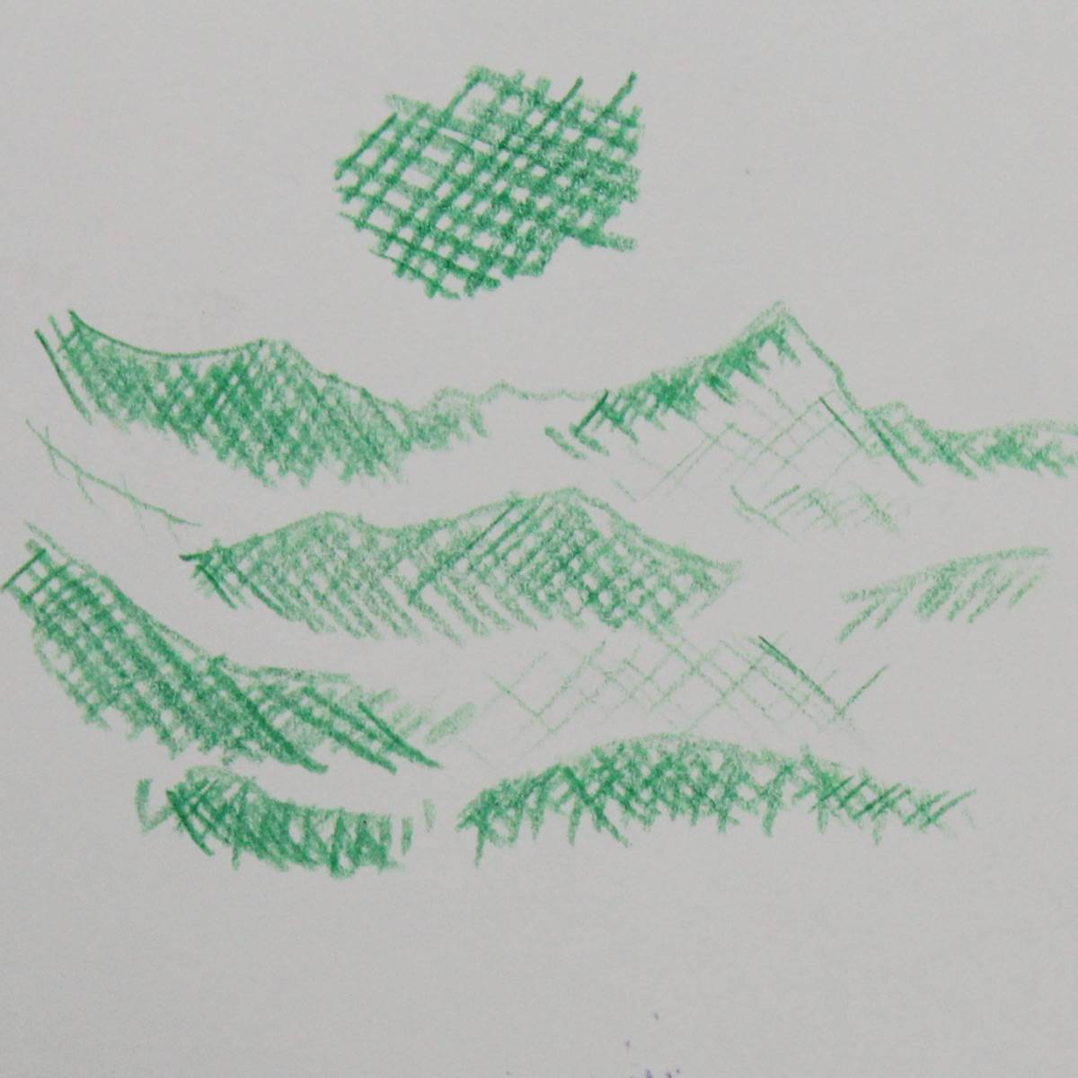 Green colored pencil crosshatching used to make a hilly landscape.