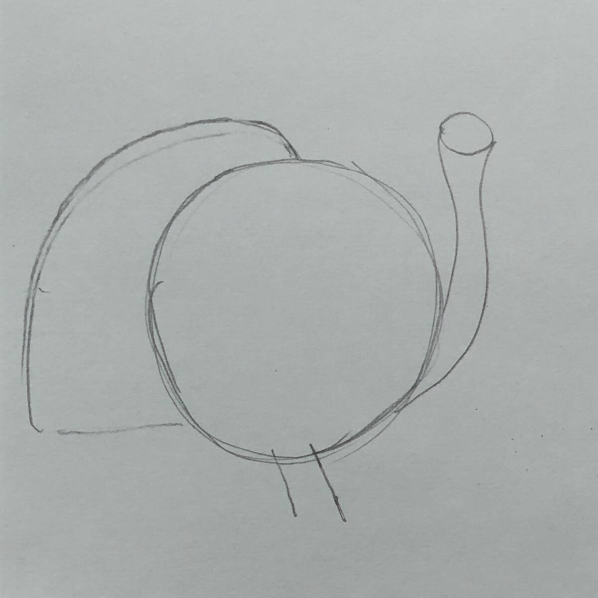 Beginning line-drawing  sketch of a turkey, one large circle for the body and a small circle for the head, joined by a neck with a fan-shaped tail.