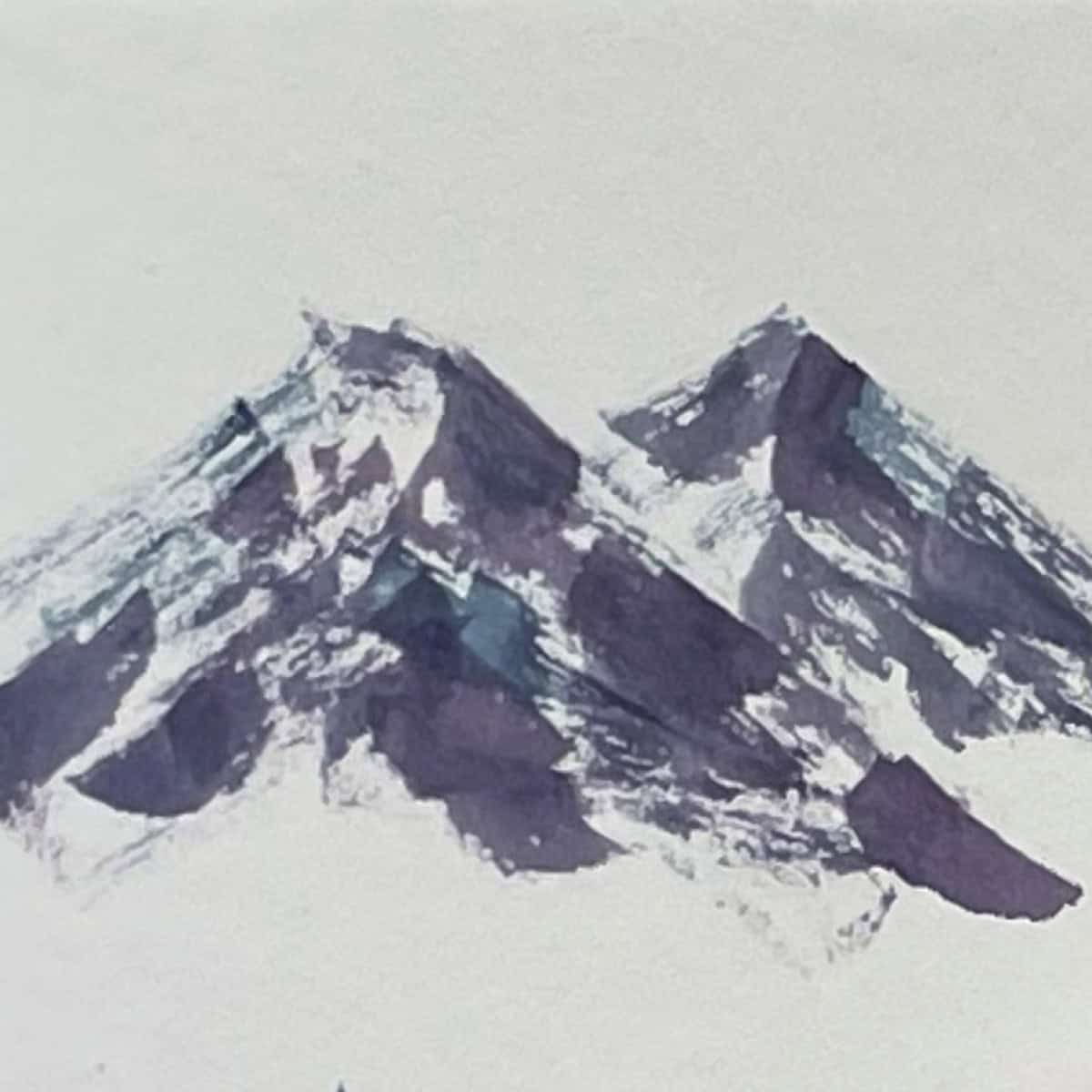 Dry brush painting of a watercolor mountain.