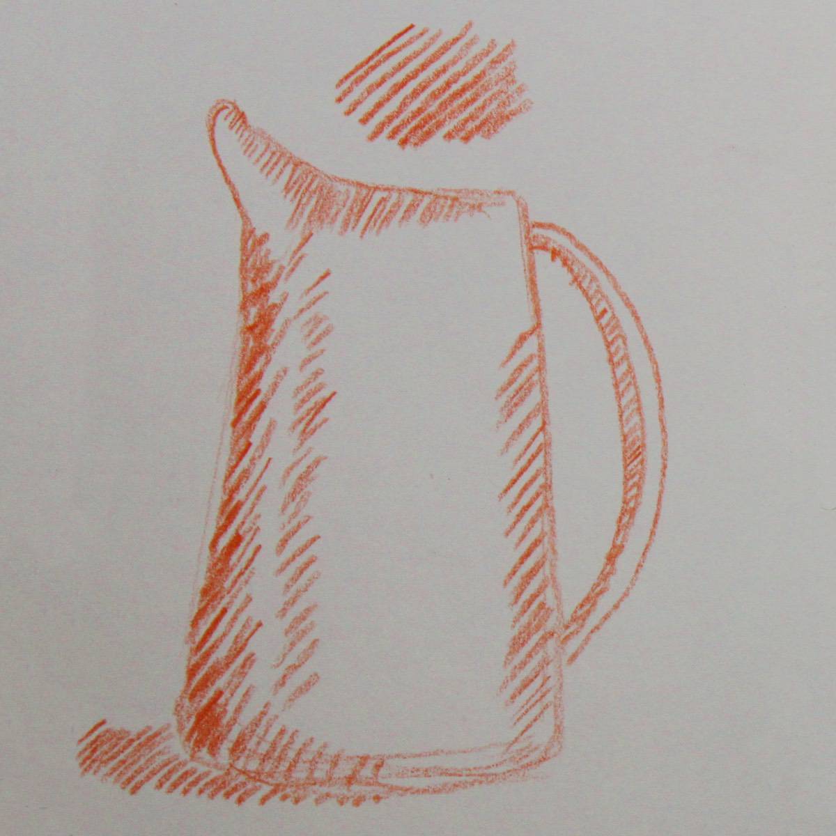 Orange colored pencil hatching lines used to give value to a pitcher.