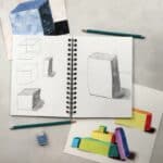 Drawings of boxes and cubes in sketchbook with colorful paintings of boxes with drawing pencils and eraser