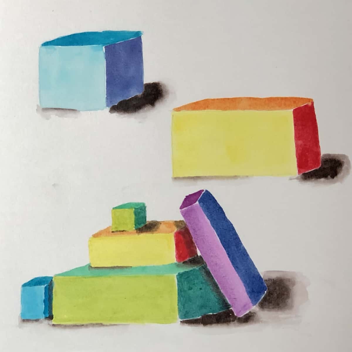 Watercolor painting of boxes and cubes