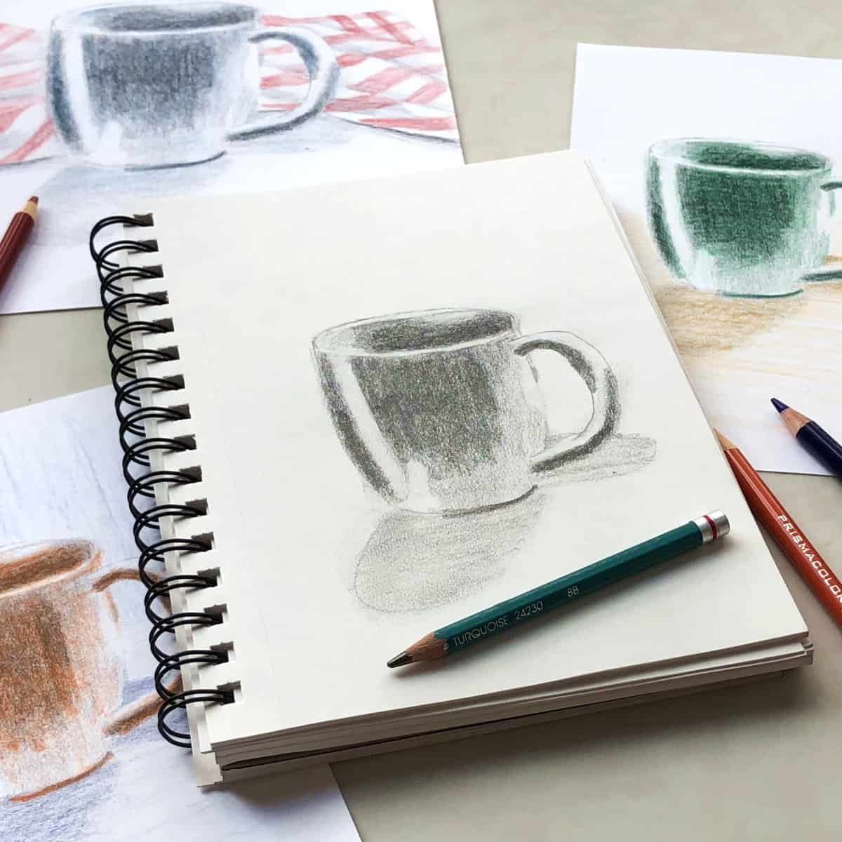 Drawing of a coffee mug in pencil with colored pencil drawings in the background.