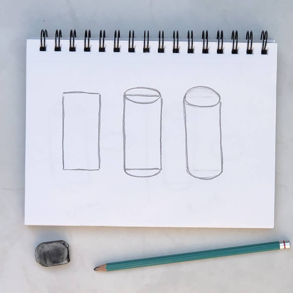 Drawing cylinder start with a rectangle and add a half circle to the top and bottom