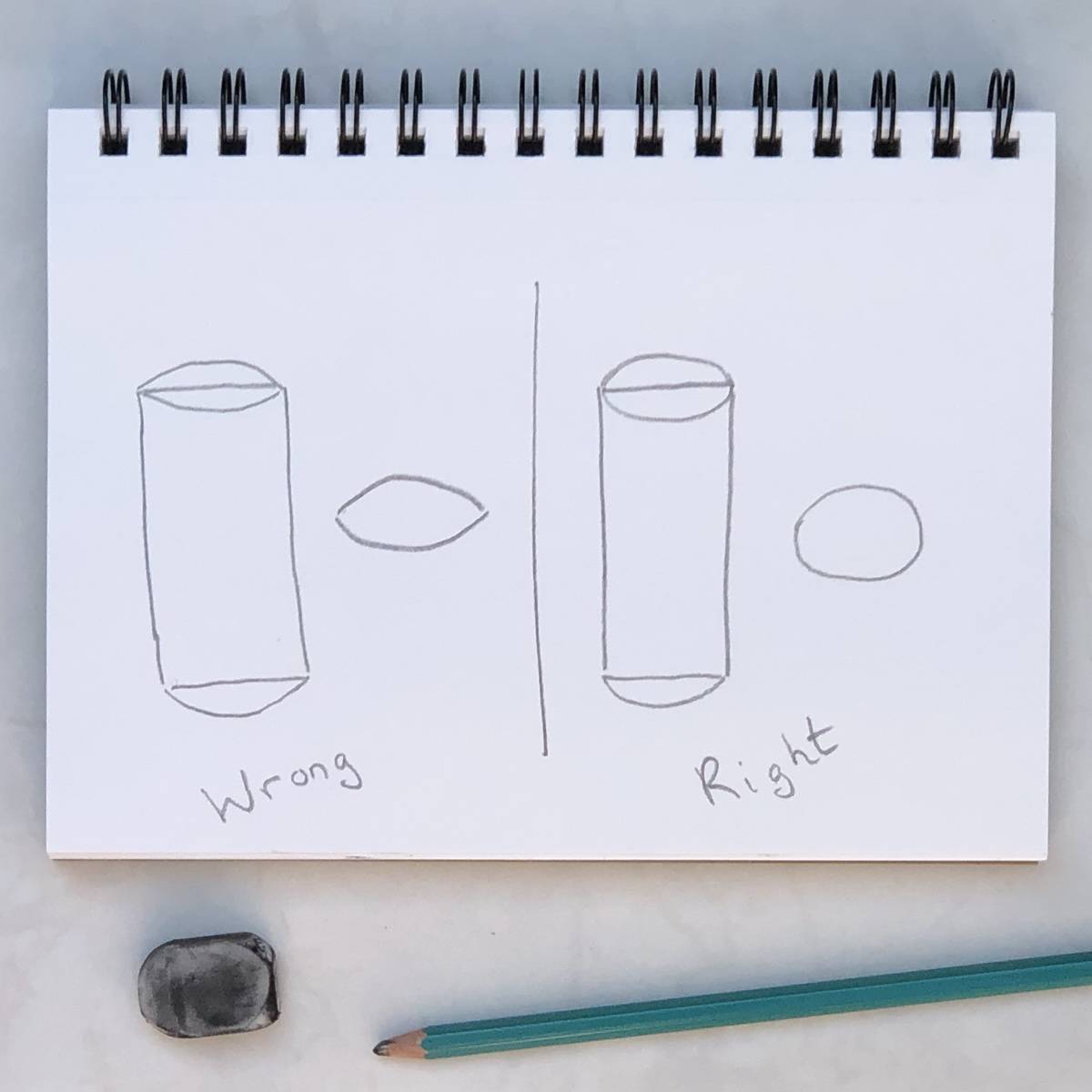 How not to draw cylinder with pointy ended arcs which would look like almond shape when looking down from top