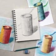 Drawings of cylinders in pencil, colored pastels. markers and paint