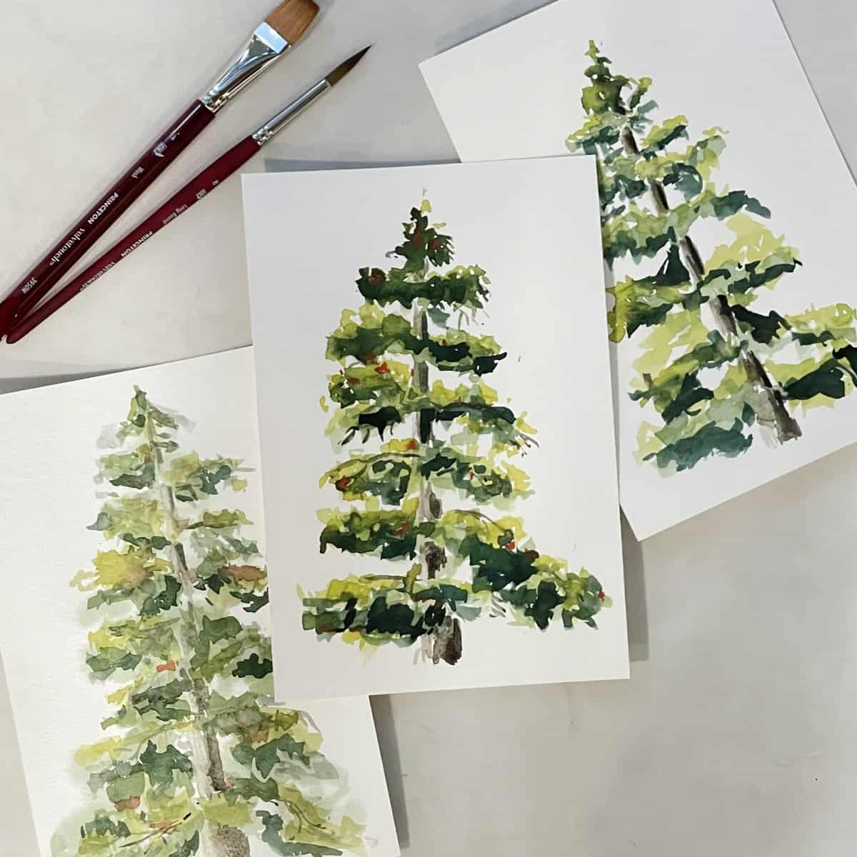 Three watercolor paintings of pine trees next to some paintbrushes.