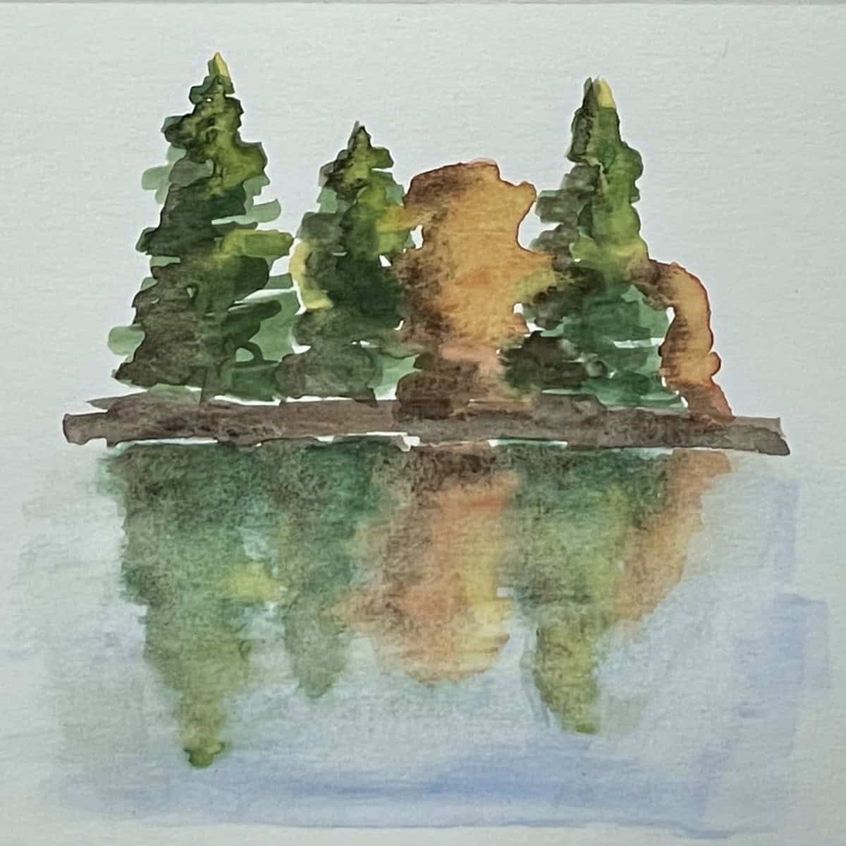 A landscape painting of trees reflected on water in watercolor paint.
