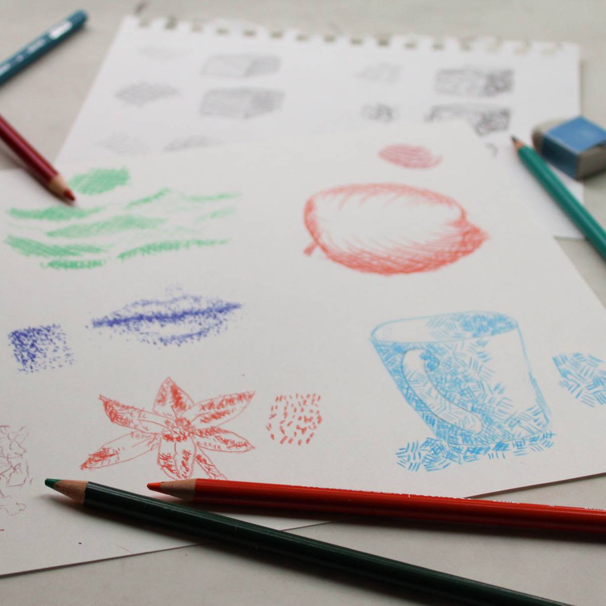 Examples of hatching, crosshatching, contour hatching, woven hatching, scribble hatching, tick hatching and stippling in pencil and colored pencil on white background.