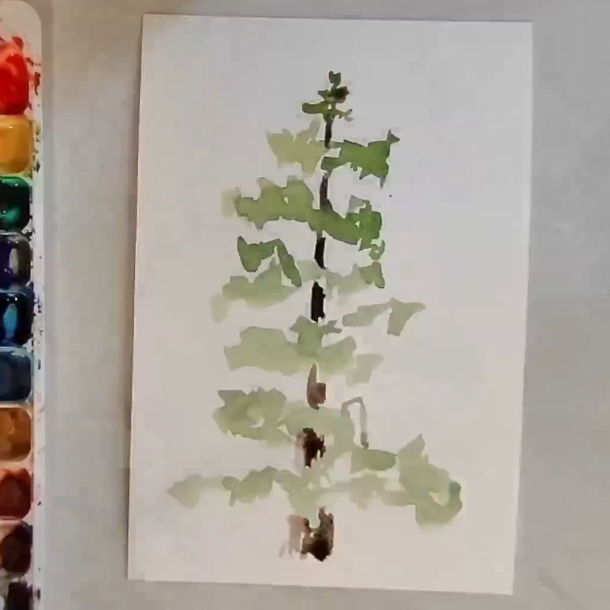 Beginning painting of a watercolor pine tree next to a paint palette.