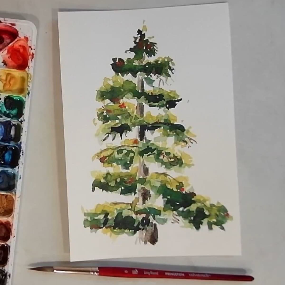 Completed watercolor painting of a pine tree.