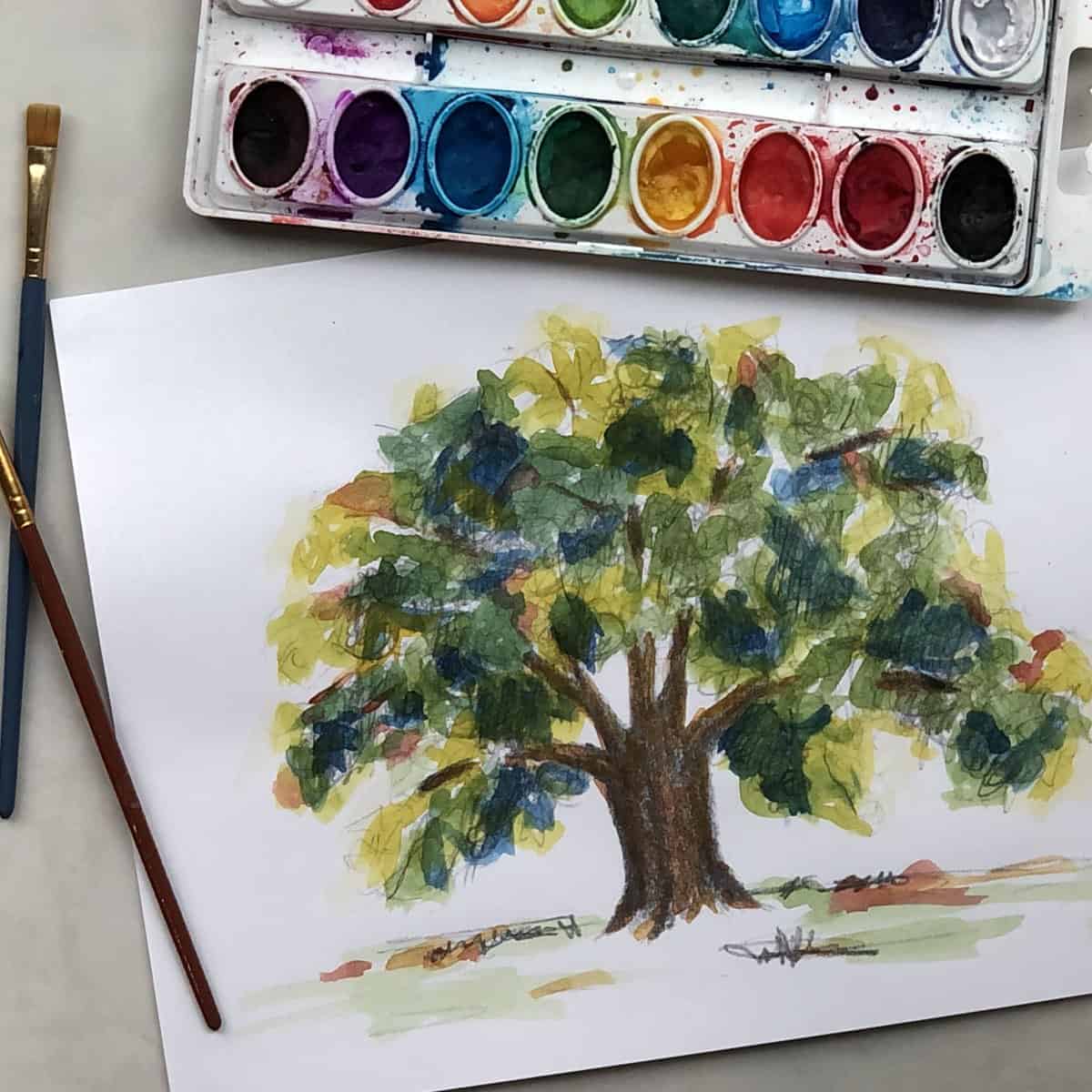 Watercolor paint in a drawing of an oak tree with paintbrushes and a paint set.