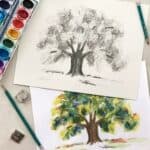 Drawing and watercolor painting of oak trees with drawing pencils and paint set.