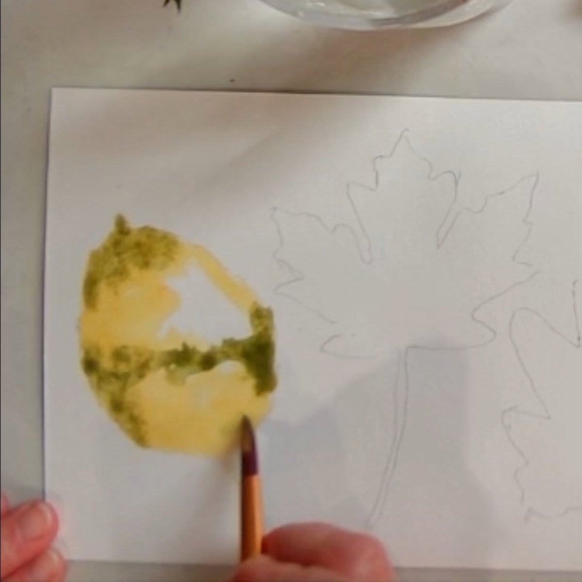 An artist painting an autumn leaf in yellow and green watercolor paint.