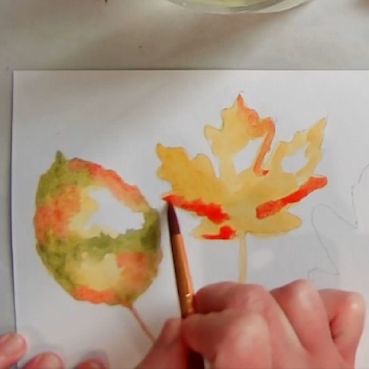 An artist painting an autumn maple leaf in yellow and red watercolor paint.